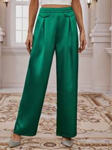 SHEIN Clasi High Waist Plicated Detail Wide Leg Pants - Green - View 3