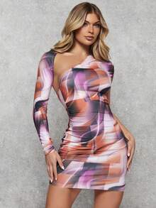 SHEIN BAE Vestido ajustado de cuello asimétrico con estampado - Morado - Ver 4