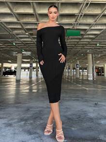 SHEIN SXY Oblique Shoulder Bodycon Women's Sweater Dress For Party - Black - View 1