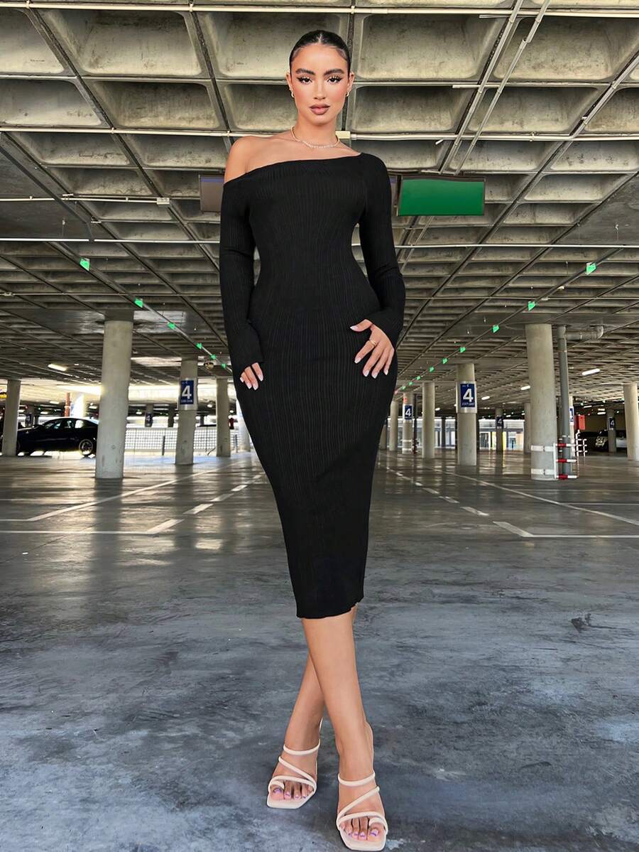 SHEIN SXY Oblique Shoulder Bodycon Women's Sweater Dress For Party - Black - View 1