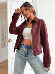 SHEIN EZwear Cazadora con bordado de letra con cremallera - Óxido marrón - Ver 6