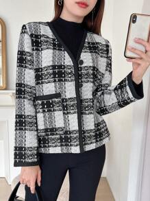 DAZY 格纹图案撞色双口袋粗花呢大衣，秋装女式夹克 - 黑與白 - 查看 5