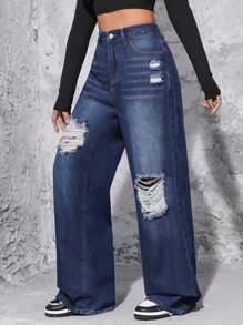 SHEIN Ripped Wide Leg Jeans - Dark Wash - View 4