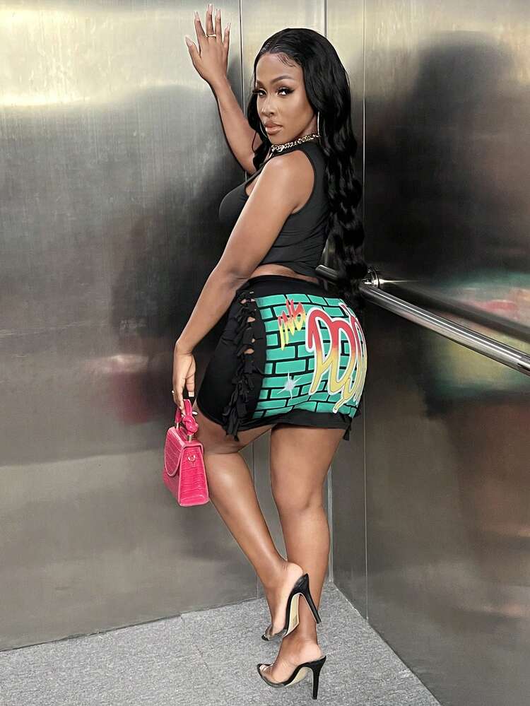 Letter Graphic Fringe Trim Bodycon Skirt