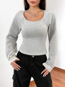 SHEIN EZwear 素色大圓領插肩袖運動衫 - 灰色 - 查看 5