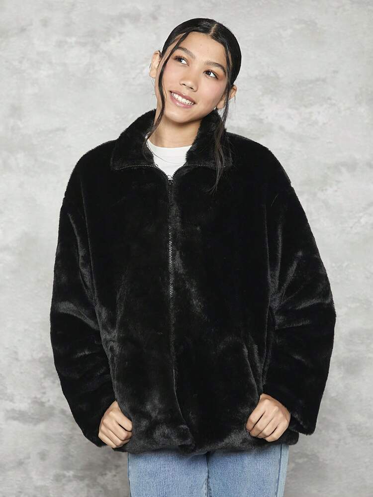 Teen Girl Letter Embroidery Drop Shoulder Teddy Coat