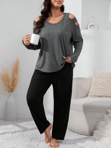 大碼鏤空插肩袖睡衣套裝 - 彩色 - 查看 3