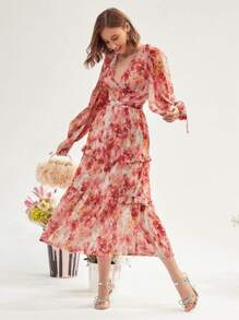 Enchnt Women Deep V-Neck Lantern Sleeve Dress With Ruffle Hem, Cinching Waist, Perfect For Vacation