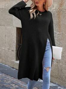 SHEIN LUNE Solid Split Hem Drop Shoulder Sweater - Black - View 4