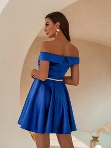 ANGEL FASHIONS Off Shoulder Xa ten Đầm tiệc rượu - Xanh đậm - Xem 2