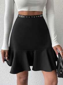 EURMUSE 荷葉邊半身裙 - 黑色 - 查看 3