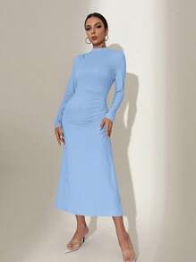 SHEIN Privé 素色小高領褶邊洋裝 - 藍色 - 查看 5