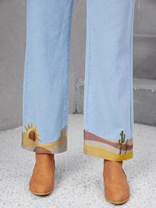 SHEIN LUNE Sun Print Wide Leg Jeans - Light Wash - View 5