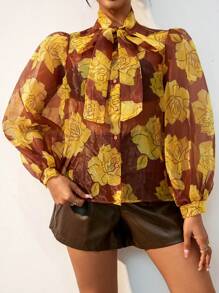 SHEIN Clasi In hoa Cà vạt Tay áo lồng đèn Đàn organza Áo sơ mi - Nhiều màu - Xem 6