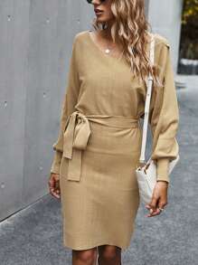 Solid Belted Sweater Dress - Brown - View 1