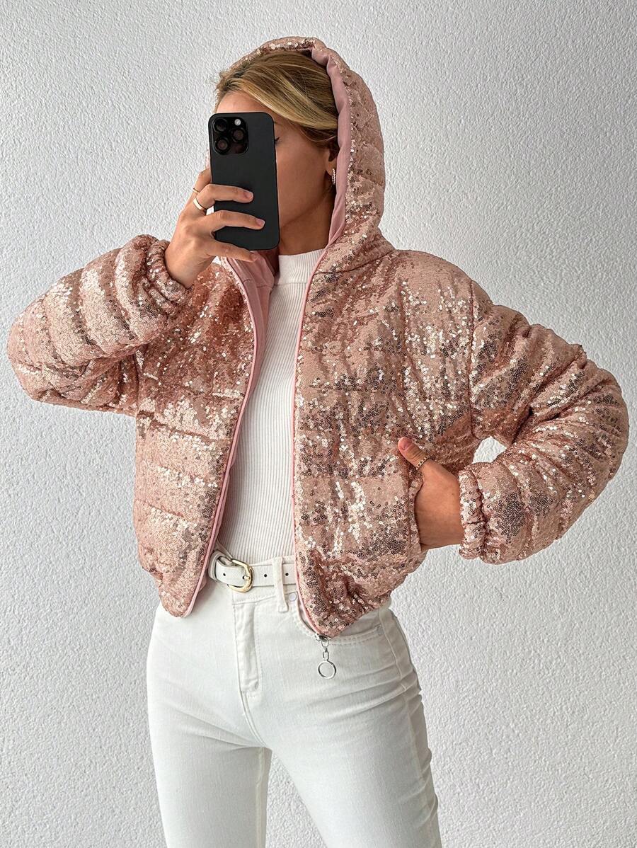 EURMUSE Zip Up Hooded Sequin Puffer Coat - Pink - View 1