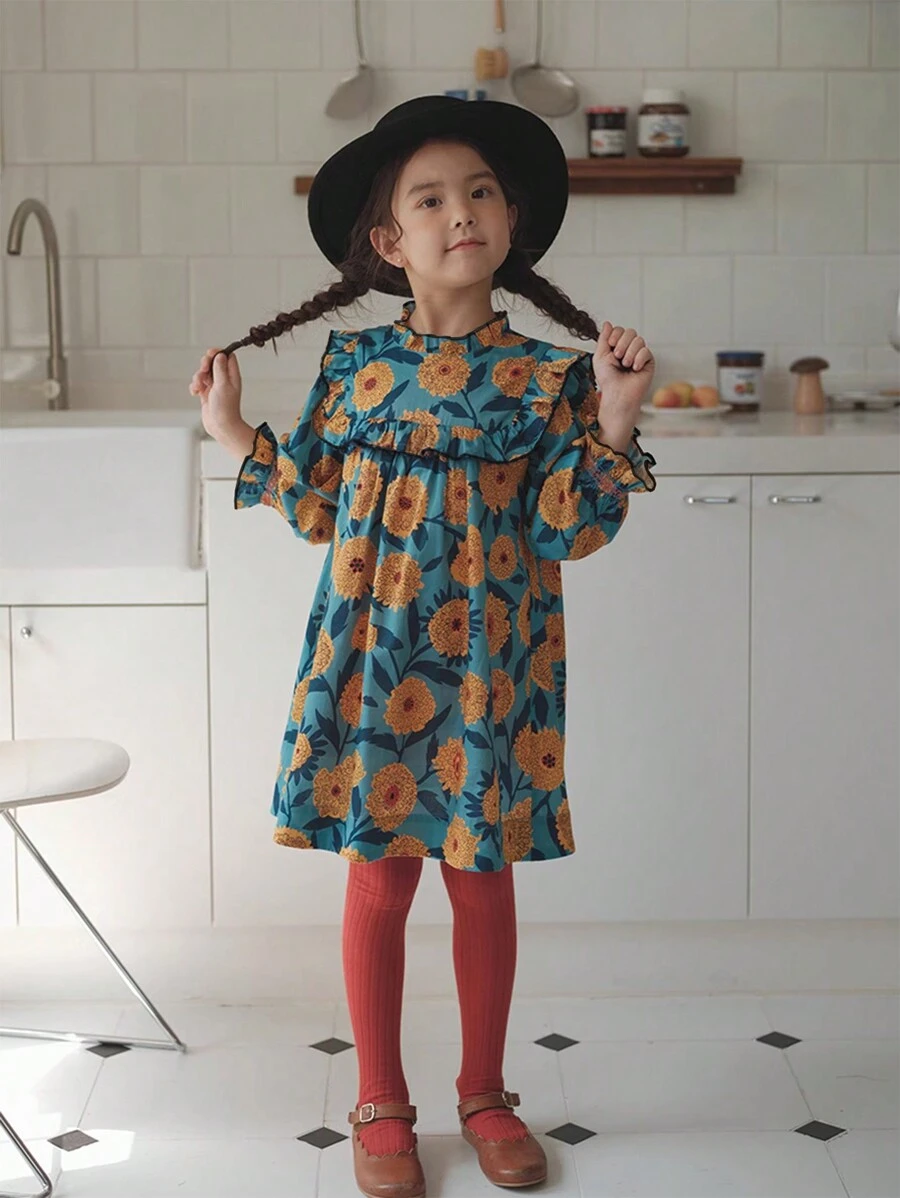 Young Girl Floral Print Frill Trim Flounce Sleeve Smock Dress - Blue - View 1