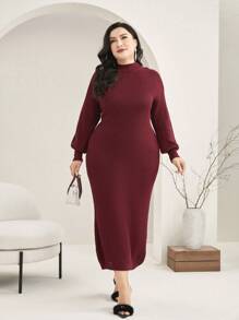 Modelyn 勃艮第红色加大立领灯笼袖毛衣连衣裙 - 酒紅色 - 查看 3