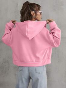 SHEIN EZwear 翻蓋細節落肩袖抽繩拉鍊連帽夾克 - 淺粉色 - 查看 2
