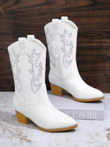 Mini mi Giày bốt phương Tây có gót nhọn cho bé gái bằng kim cương giả Giày bốt cao bồi - trắng - Xem 2