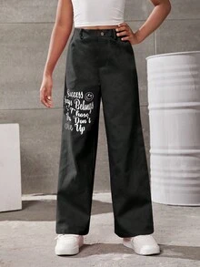 SHEIN Tween Girl Slogan Graphic Wide Leg Pants - Black - View 3