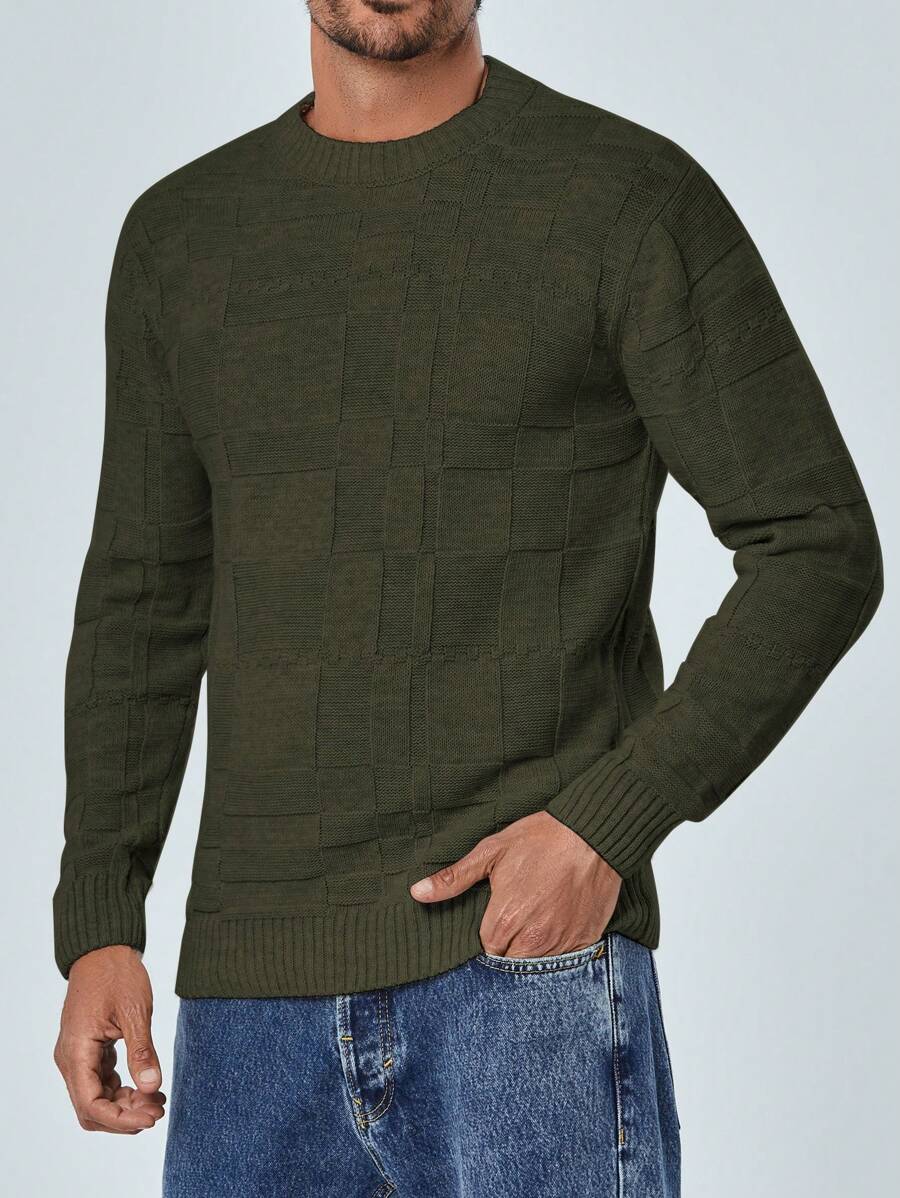 RueChic Men Solid Round Neck Sweater - Khaki - View 1