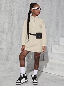 SHEIN Tween Girl Zipper Front Drop Shoulder Dress Without Belt Bag - Beige - View 4