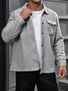 Manfinity Homme 男士大码翻蓋口袋前紐扣花呢外套 - 淺灰色 - 查看 5