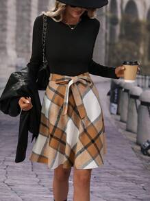 SHEIN Clasi Plaid Print Belted Dress - Multicolor - View 1