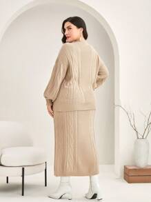 Modelyn Plus Cable Knit Drop Shoulder Sweater & Knit Skirt 2-delat set