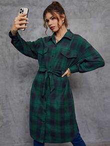 SHEIN EZwear Plaid Print Drop Shoulder Flap Detail Button Front Shirt - Green - View 3