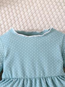 女嬰波卡圓點木耳邊花邊下擺上衣&緊身打底褲