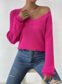 EMERY ROSE Solid Raglan Sleeve Ribbed Knit Sweater,Ladies Spring/Fall Casual Long Sleeve Regular Fit Hot Pink Raglan Sleeve Pullovers Women Sweaters,Long Sleeve Tops Knit Pullover Fall Winter Outfit - Hot Pink - View 7