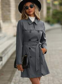 SHEIN Clasi 雙排釦腰帶風衣外套 - 灰色 - 查看 6