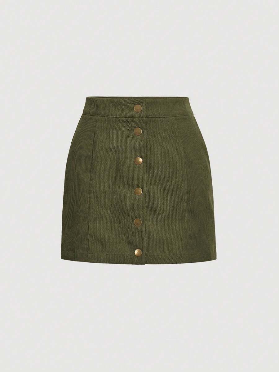 SHEIN MOD 前紐扣燈芯絨半身裙 - 軍綠色 - 查看 1