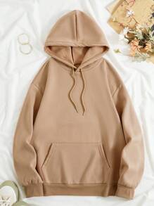 SHEIN Unity 骷髏和花卉印花抽繩加絨內裏連帽衫 - 卡其色 - 查看 2