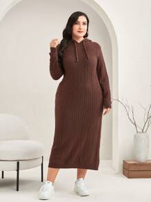 Mulvari Plus Drop Shoulder Drawstring Hooded Sweater Dress - Coffee Brown - View 6
