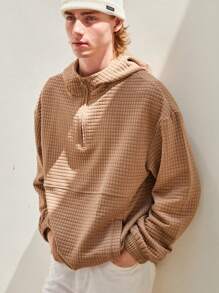 Manfinity Hypemode 男士半拉鍊下垂肩寬鬆連帽衫 - 卡其色 - 查看 1