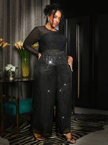SHEIN CURVE+ Plus Sequin Wide Leg Pants - Black - View 4