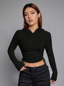 SHEIN EZwear Drawstring Side Crop Hoodie - Black - View 2