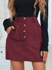 SHEIN LUNE Button Fly Slant Pocket Corduroy Skirt - Burgundy - View 1
