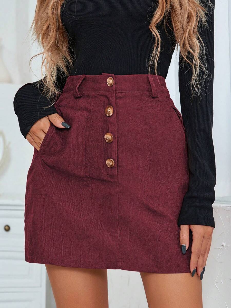 SHEIN LUNE Button Fly Slant Pocket Corduroy Skirt - Burgundy - View 1