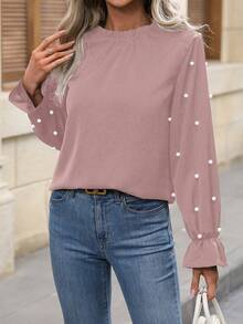 SHEIN Clasi 珍珠串珠荷葉袖褶邊領襯衫 - 粉色 - 查看 6