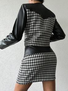 EURMUSE Houndstooth Print Contrast PU Jacket & Skirt - Black and White - View 2
