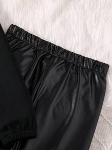 SHEIN Tween Girl Tricou solid și pantaloni din piele PU fără centură