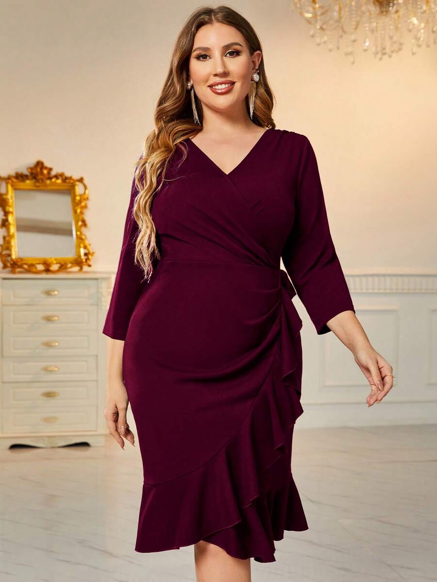MIUSOL Plus Elegant V-Neck Ruffle Hem Wrap Hem Cocktail Party Fitted Dress Wedding Guest Dress - Burgundy - View 1