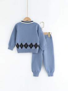 SHEIN Young Boy Argyle Pattern Contrast Collar Sweater & Knit Pants - Blue - View 2