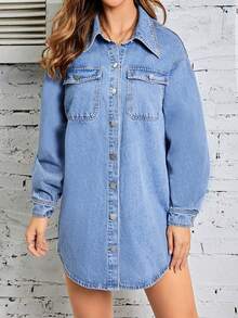 SHEIN LUNE Flap Pocket Drop Shoulder Denim Dress - Medium Wash - View 6