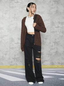 1pc Teen Girl Cable Knit Drop Shoulder Hooded Cardigan - Brown - View 5