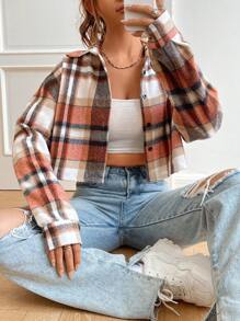 SHEIN EZwear 格紋印花落肩袖短款襯衫 - 彩色 - 查看 4